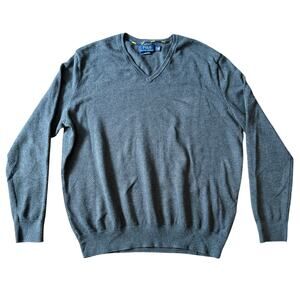 Polo Ralph Lauren Gray Herringbone V-Neck Pullover Sweater 100% Cotton Men's XXL